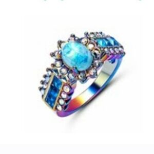 New Blue Fire Opal Rainbow Hematite Ring.
